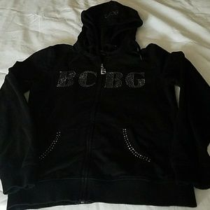 BCBG black zip up hoodie with bling lettering